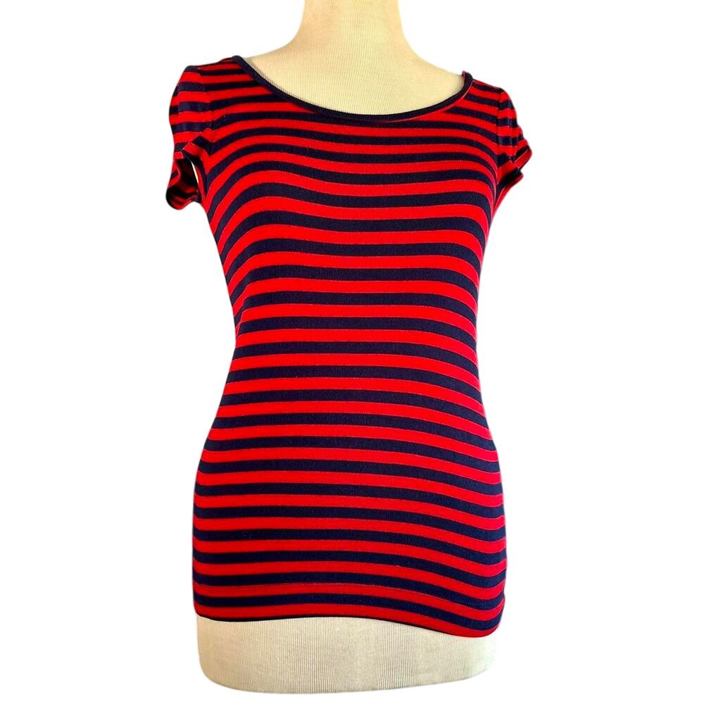 Womens Shirt Small Red Navy Stripes Preppy Nautical Travel Packable Vacation Fun